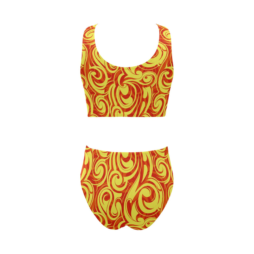 Fire flame design pattern Chest Bowknot High Waisted Bikini Swimsuit