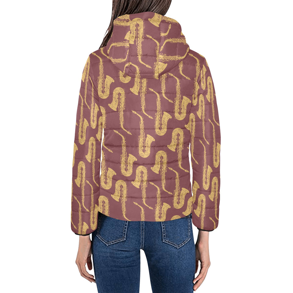 Hand drawn gold saxophone red background Women's Padded Hooded Jacket