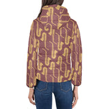 Hand drawn gold saxophone red background Women's Padded Hooded Jacket