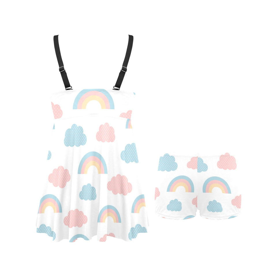 Cute rainbow clound pattern Chest Sexy Pleated Two Piece Swim Dress