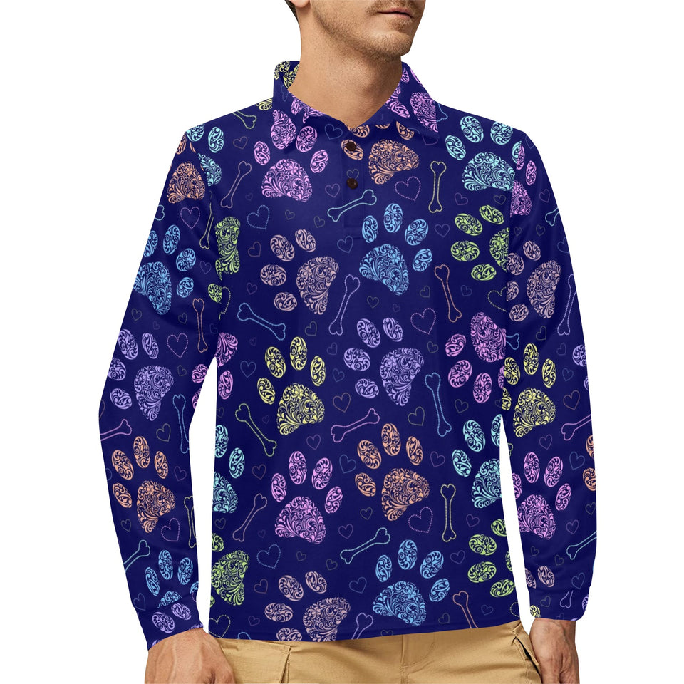 Dog Paws Pattern Print Design 02 Men's Long Sleeve Polo Shirt