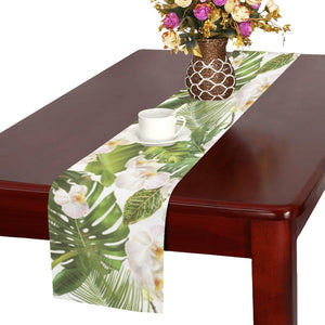White orchid flower tropical leaves pattern Table Runner