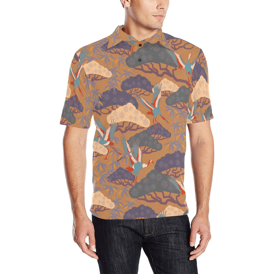 Bonsai bamboo stork japanese pattern brown theme Men's All Over Print Polo Shirt