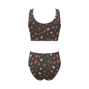 Coffee bean leave pattern Chest Bowknot High Waisted Bikini Swimsuit