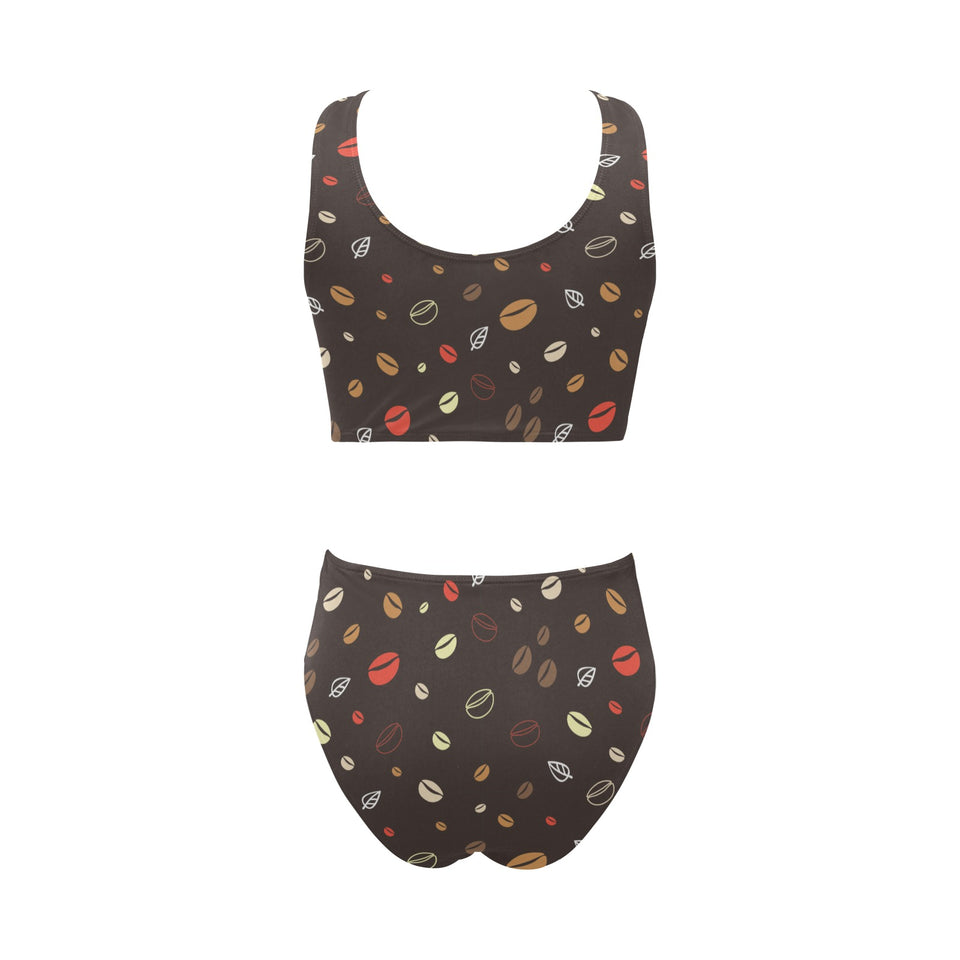 Coffee bean leave pattern Chest Bowknot High Waisted Bikini Swimsuit