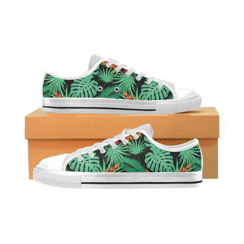 heliconia flower palm monstera leaves black backgr Men's Low Top Shoes White