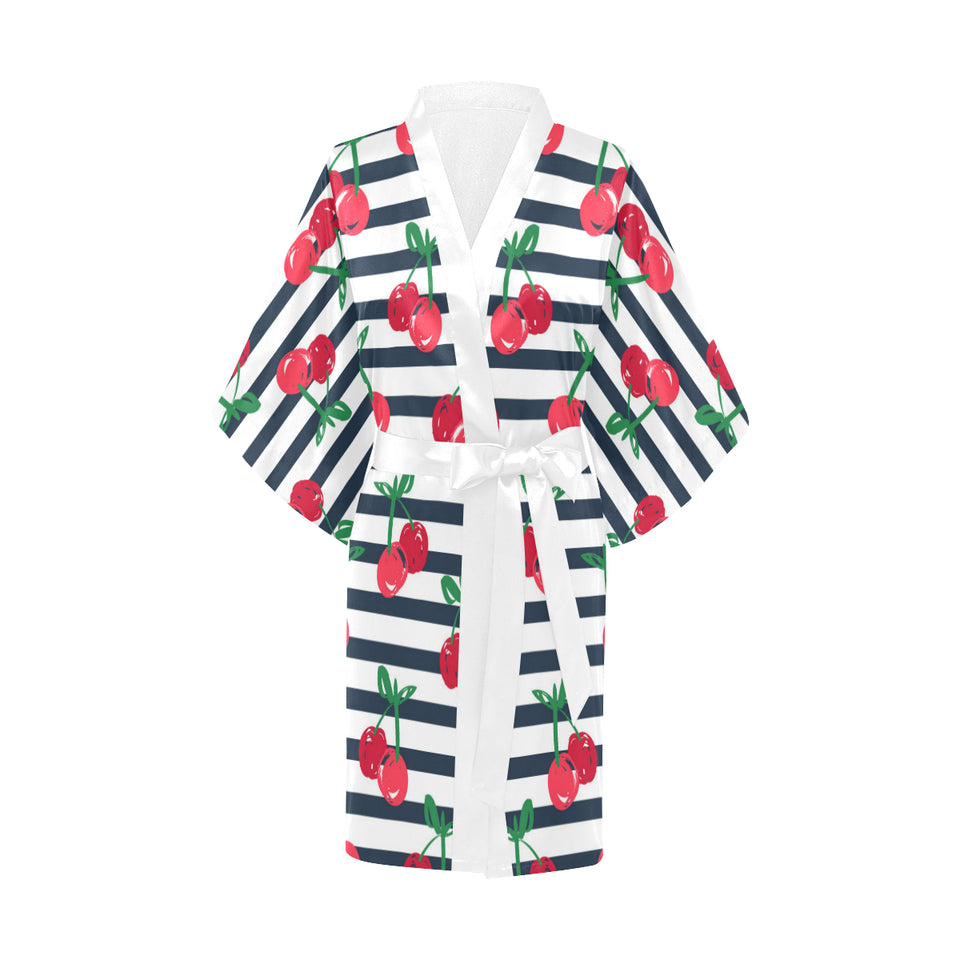 Hand drawn cherry pattern striped background Women's Short Kimono Robe