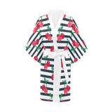 Hand drawn cherry pattern striped background Women's Short Kimono Robe