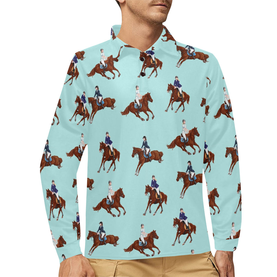 Horses running horses rider pattern Men's Long Sleeve Polo Shirt