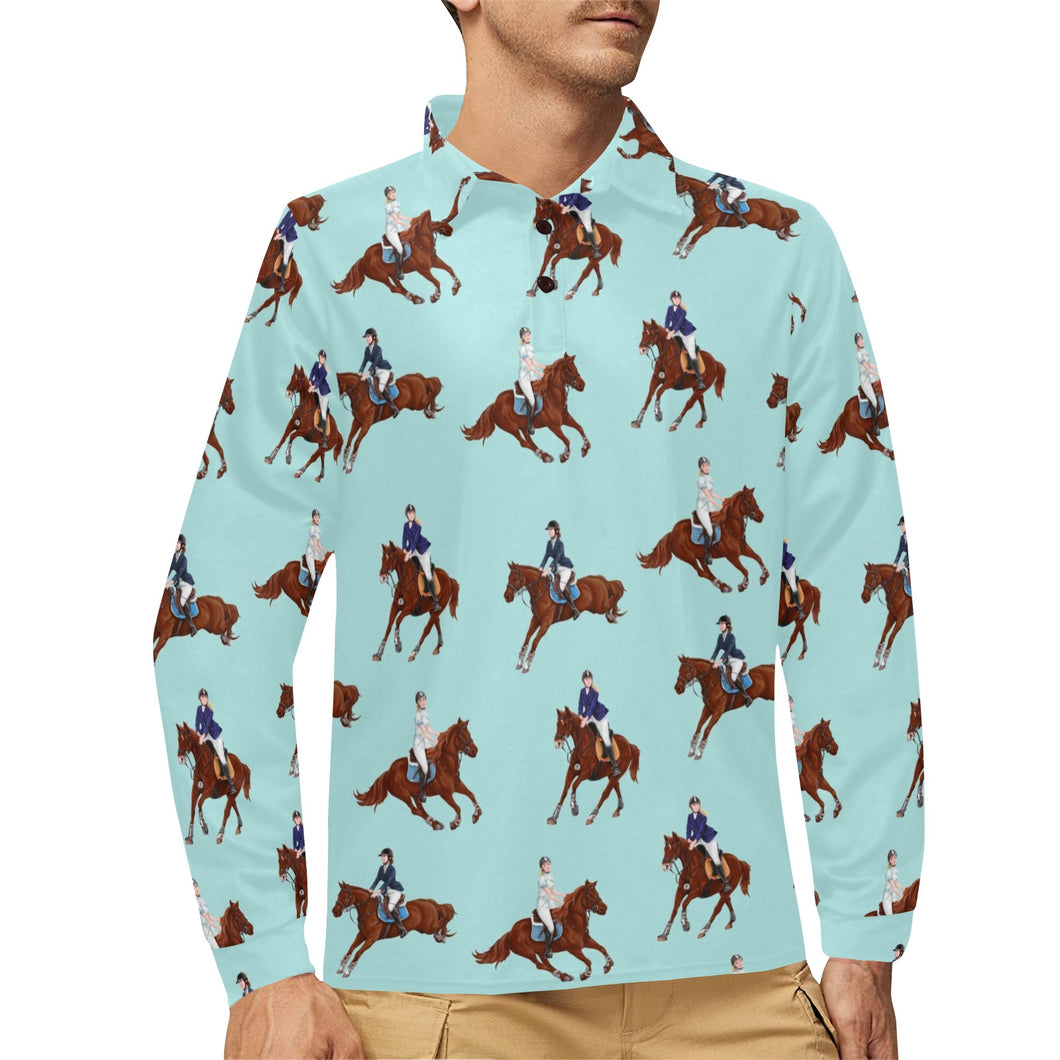 Horses running horses rider pattern Men's Long Sleeve Polo Shirt