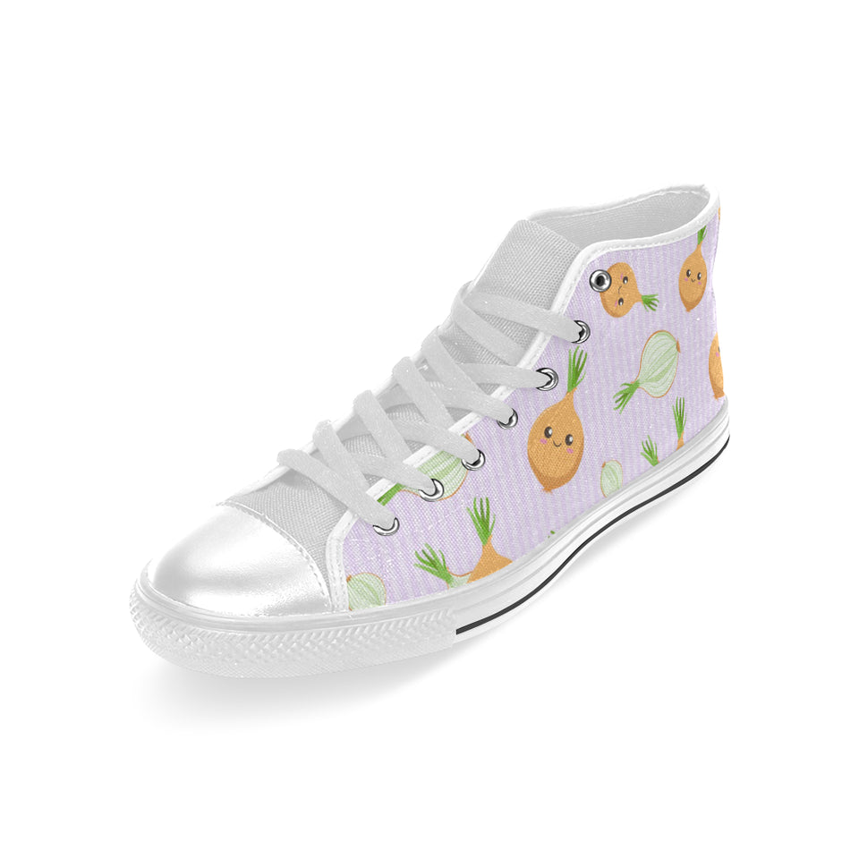 cute onions smiling faces purple background Men's High Top Canvas Shoes White
