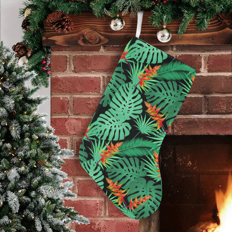 heliconia flower palm monstera leaves black backgr Christmas Stocking