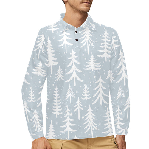 Christmas tree winter forest pattern Men's Long Sleeve Polo Shirt