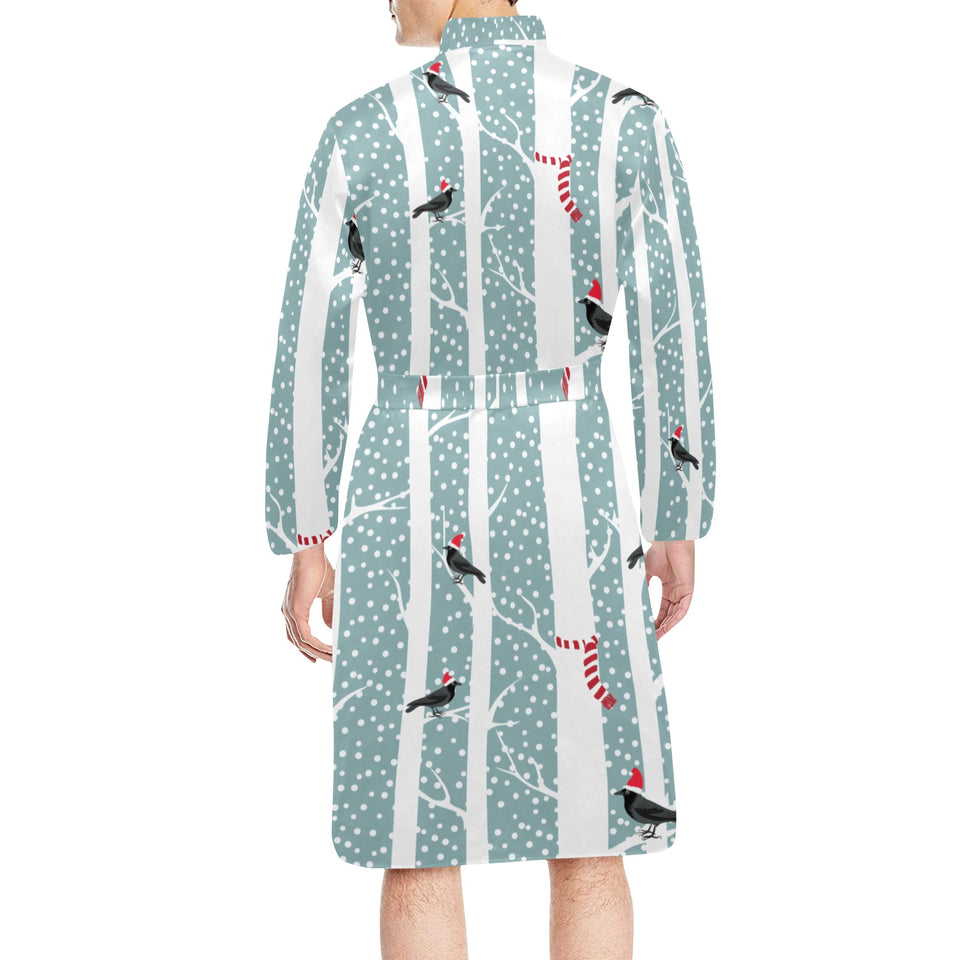 Crows christmas hat scarf Men's Long Sleeve Belted Night Robe