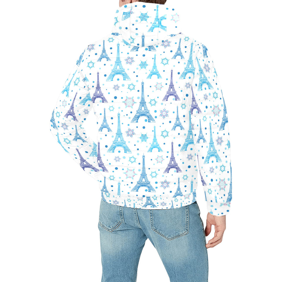 Blue Eiffel Tower Theme Pattern Print Design 01 Men's Padded Hooded Jacket