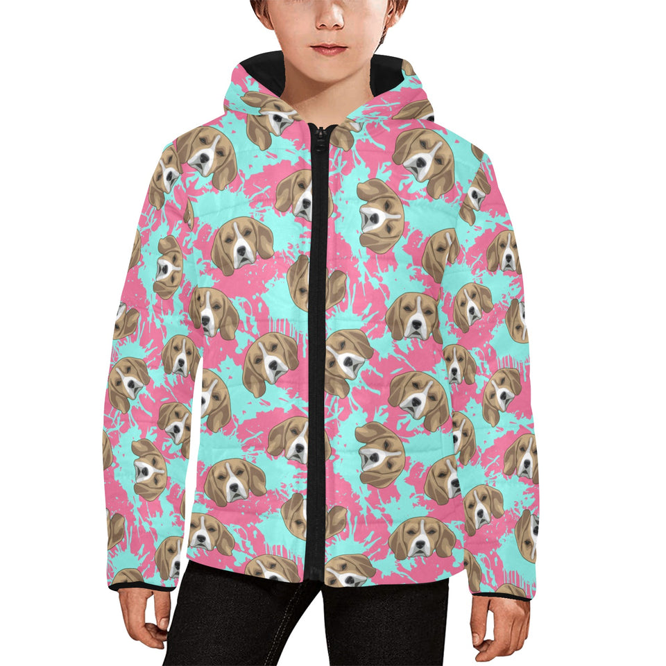 Beagle muzzles turquoise paint splashes pink patte Kids' Boys' Girls' Padded Hooded Jacket