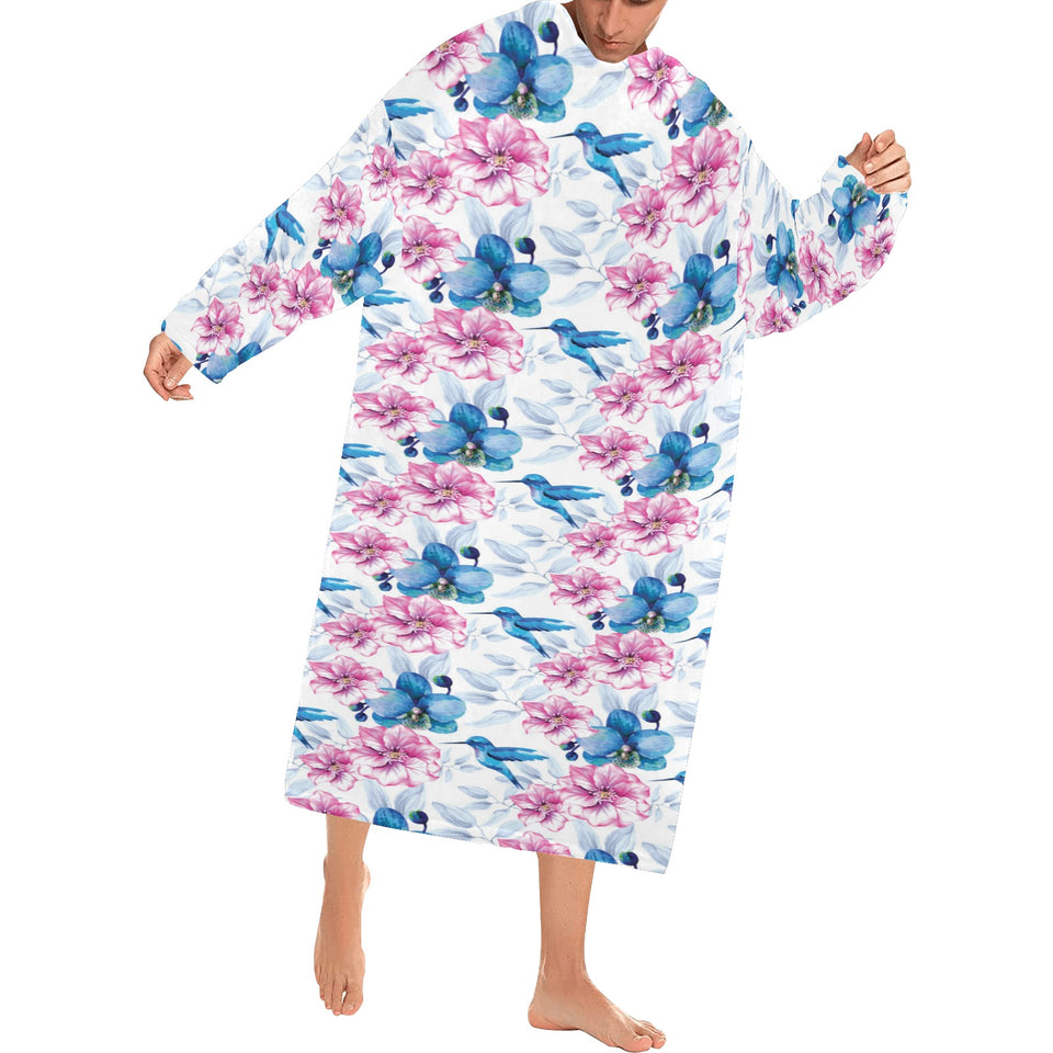 Hummingbird Pattern Print Design 02 Blanket Robe with Sleeves