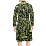 Cute sloths tropical palm leaves black background Men's Long Sleeve Belted Night Robe