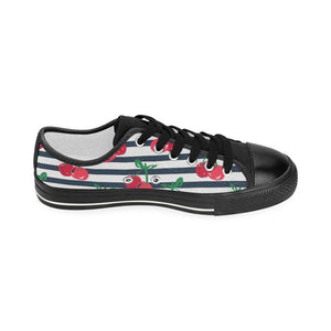 Hand drawn cherry pattern striped background Kids' Boys' Girls' Low Top Canvas Shoes Black