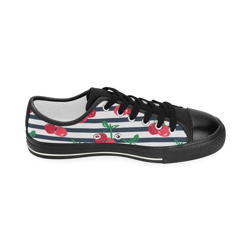 Hand drawn cherry pattern striped background Kids' Boys' Girls' Low Top Canvas Shoes Black