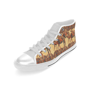 Camel polynesian tribal design pattern Men's High Top Canvas Shoes White