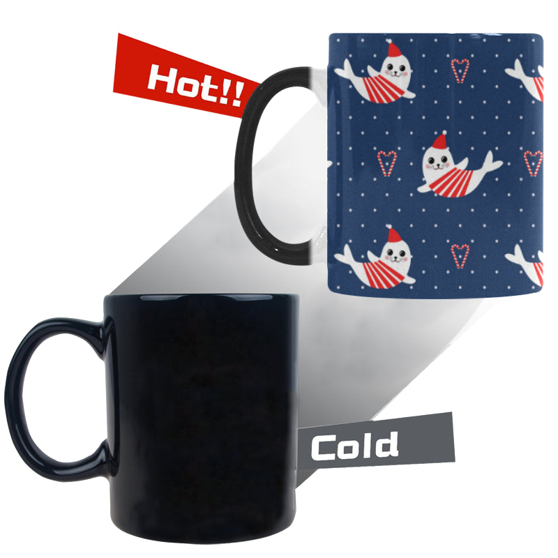 Cute sea lion seal christmas hat candy cane heart Morphing Mug Heat Changing Mug