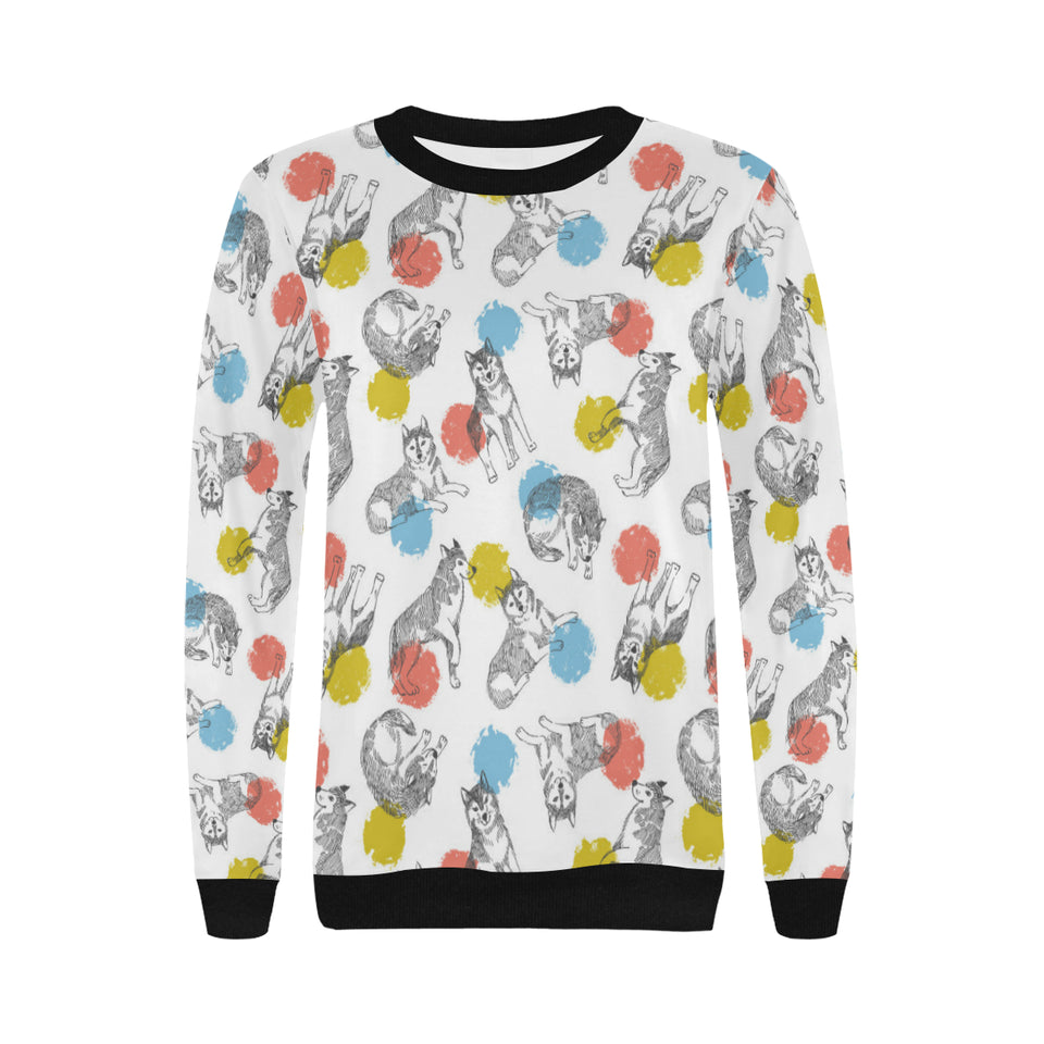 Siberian husky and colorful circle pattern Women's Crew Neck Sweatshirt