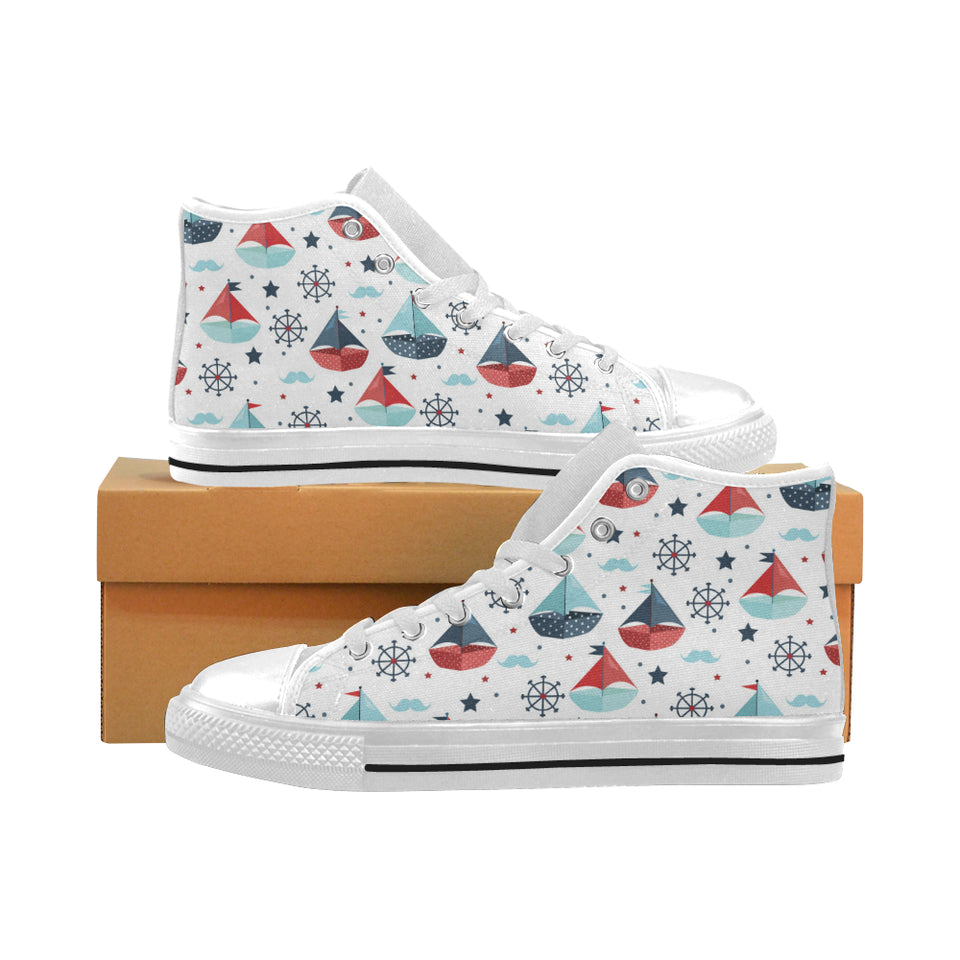 Cute color paper sailboat pattern Men's High Top Canvas Shoes White