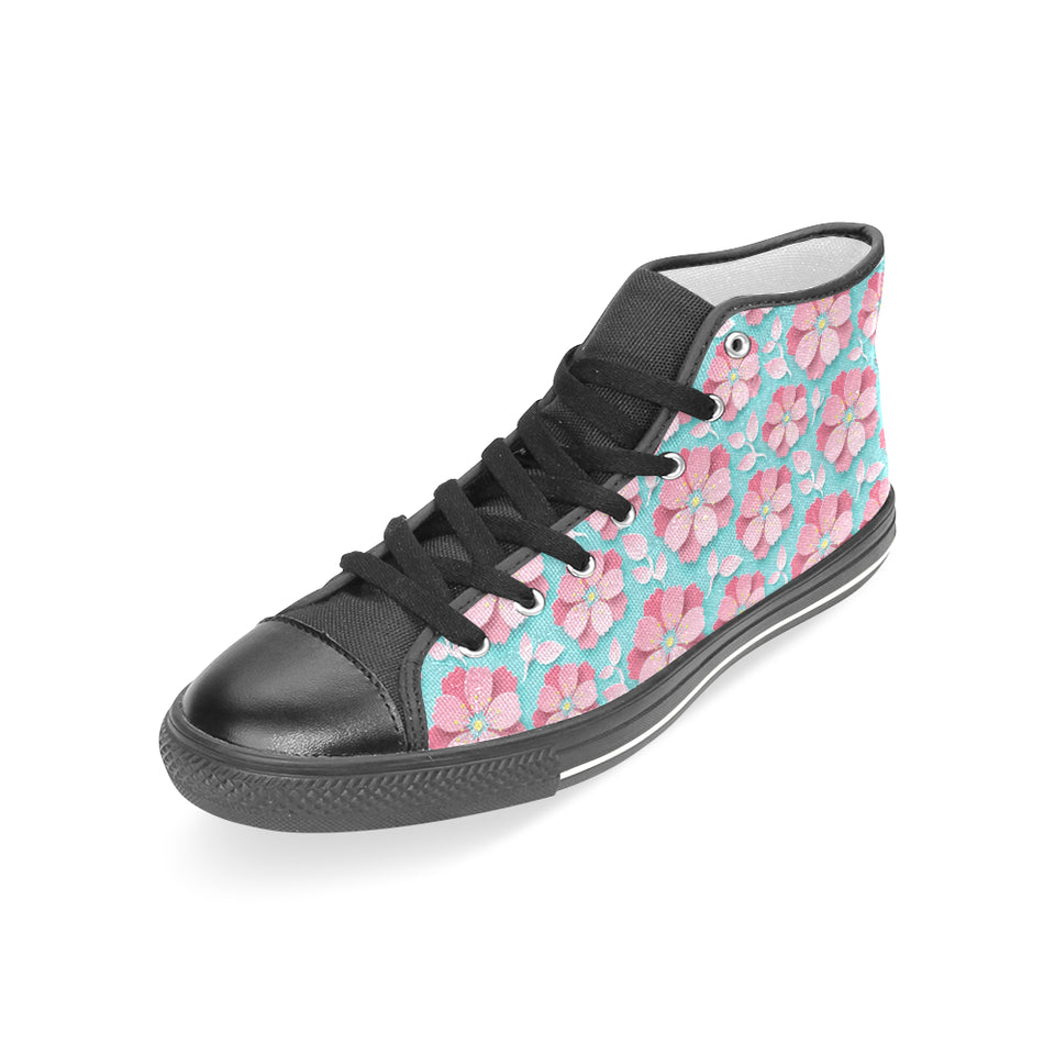 3D sakura cherry blossom pattern Women's High Top Canvas Shoes Black