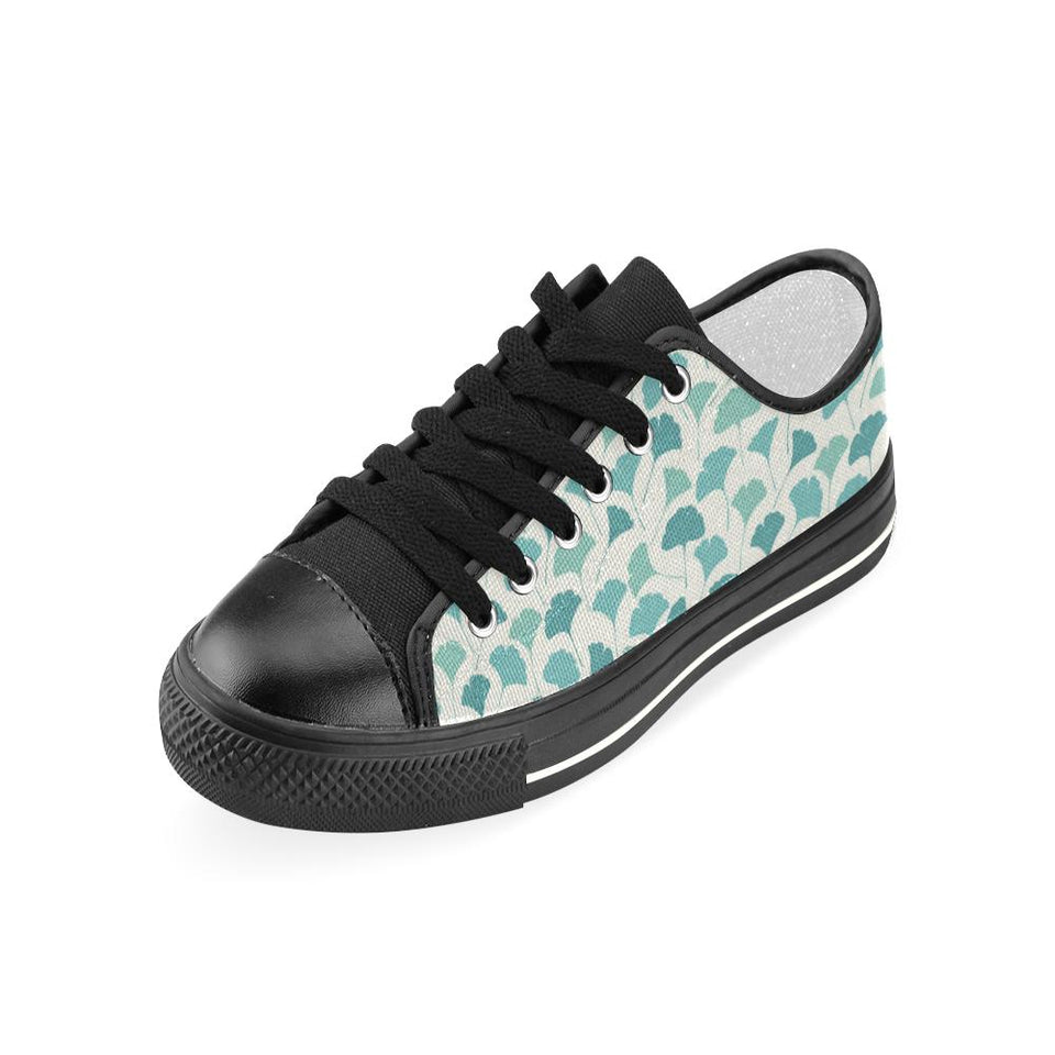 Green ginkgo leaves pattern Kids' Boys' Girls' Low Top Canvas Shoes Black