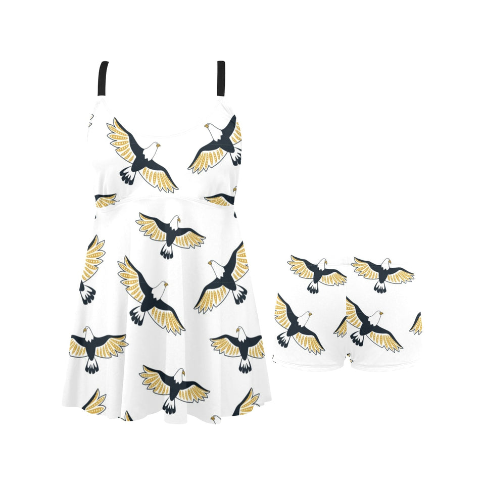 Eagle Pattern Print Design 03 Chest Sexy Pleated Two Piece Swim Dress