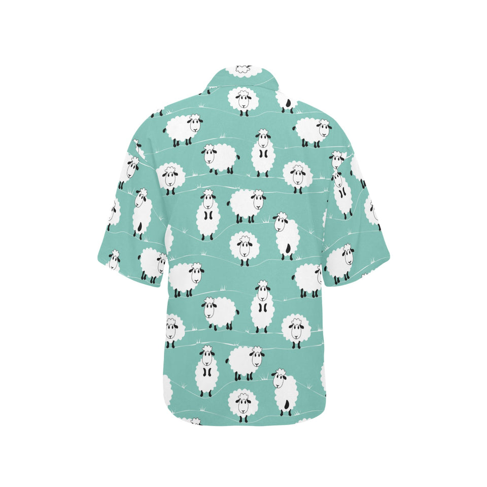 Cute sheep green background Women's All Over Print Hawaiian Shirt