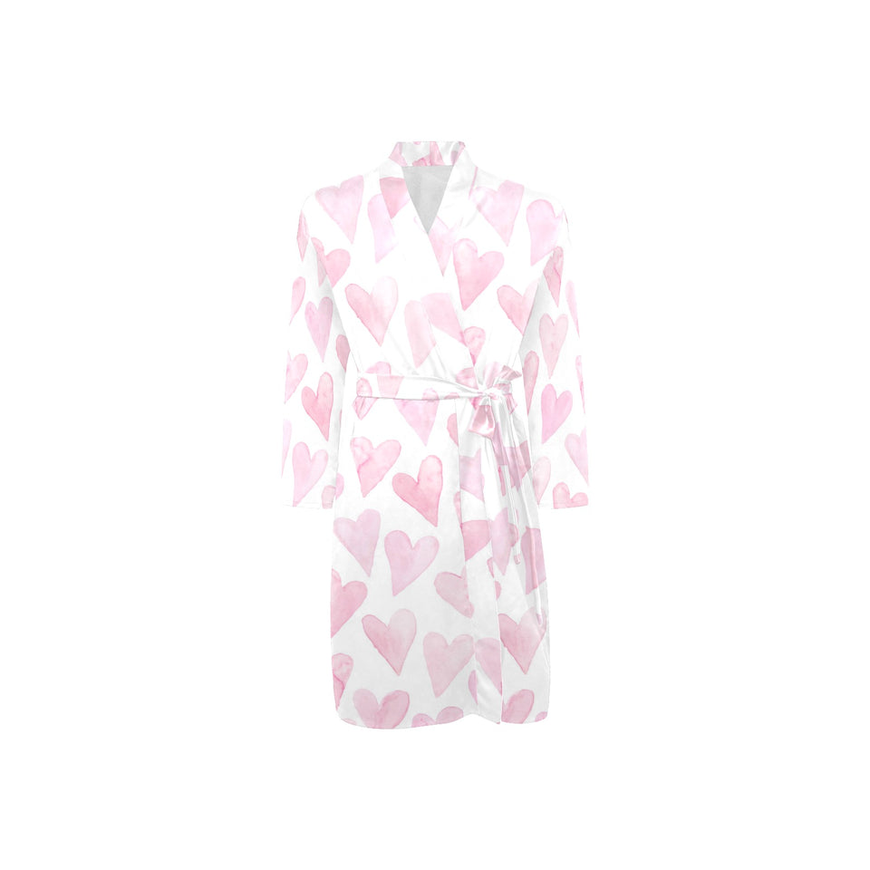Watercolor pink heart pattern Men's Long Sleeve Belted Night Robe