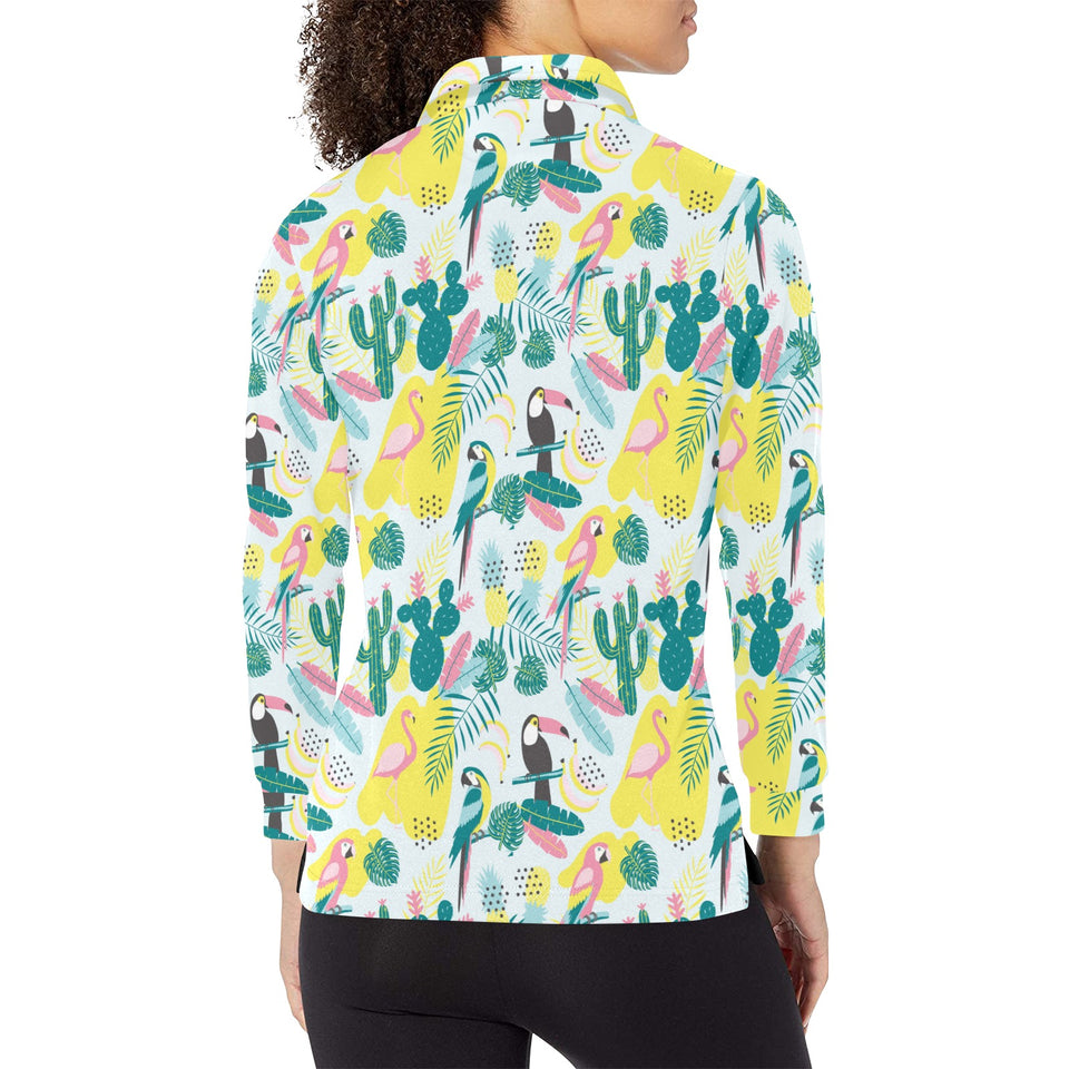 Cute parrot toucan flamingo cactus exotic leaves p Women's Long Sleeve Polo Shirt