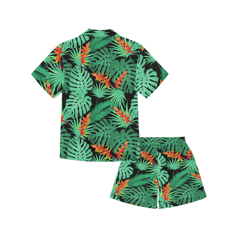 heliconia flower palm monstera leaves black backgr Kids' Boys' Girls' V-Neck Short Pajama Set