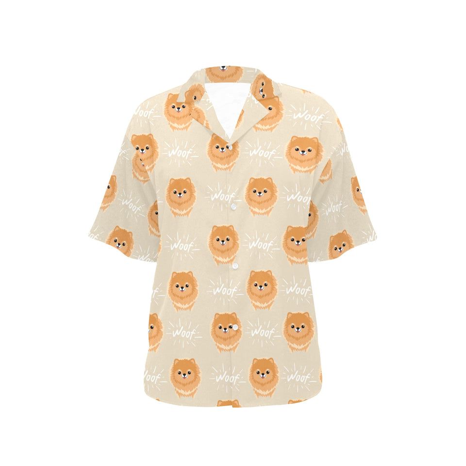 Cute brown pomeranian puppy on blue Women's All Over Print Hawaiian Shirt