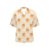 Cute brown pomeranian puppy on blue Women's All Over Print Hawaiian Shirt