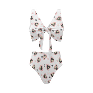 Cute pugs pink heart paw pattern Chest Bowknot High Waisted Bikini Swimsuit