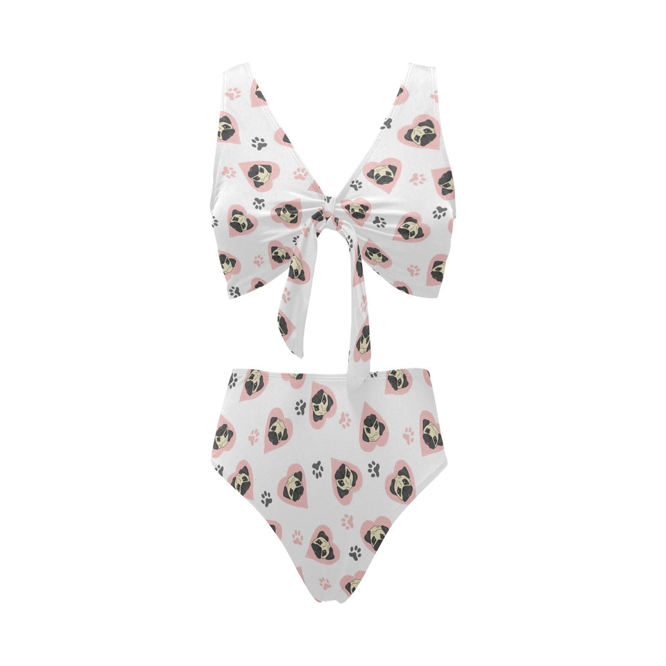 Cute pugs pink heart paw pattern Chest Bowknot High Waisted Bikini Swimsuit
