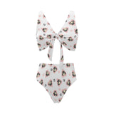 Cute pugs pink heart paw pattern Chest Bowknot High Waisted Bikini Swimsuit