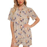 Cute rooster chicken cock floral ornament backgrou Women's V-Neck Short Pajama Set