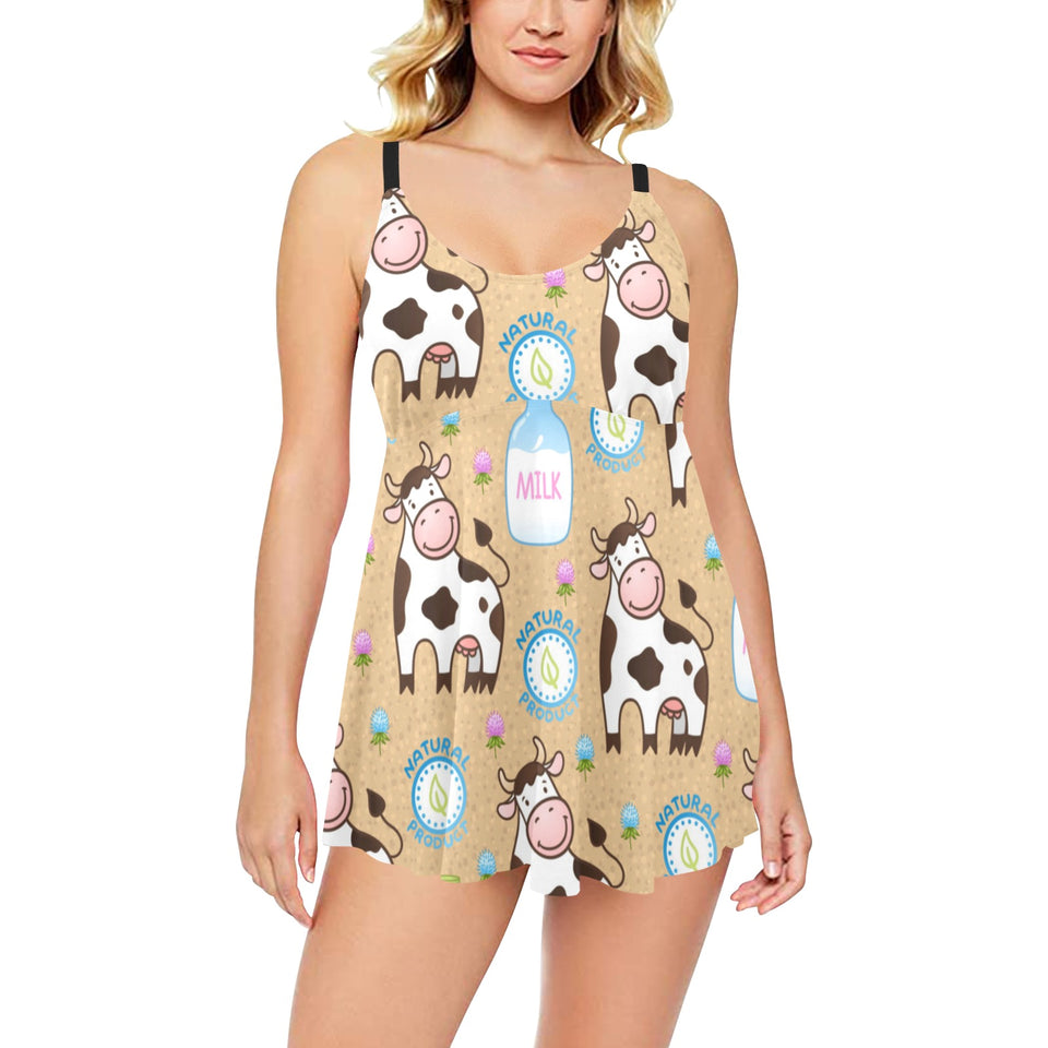 Cow bottle of milk pattern Chest Sexy Pleated Two Piece Swim Dress