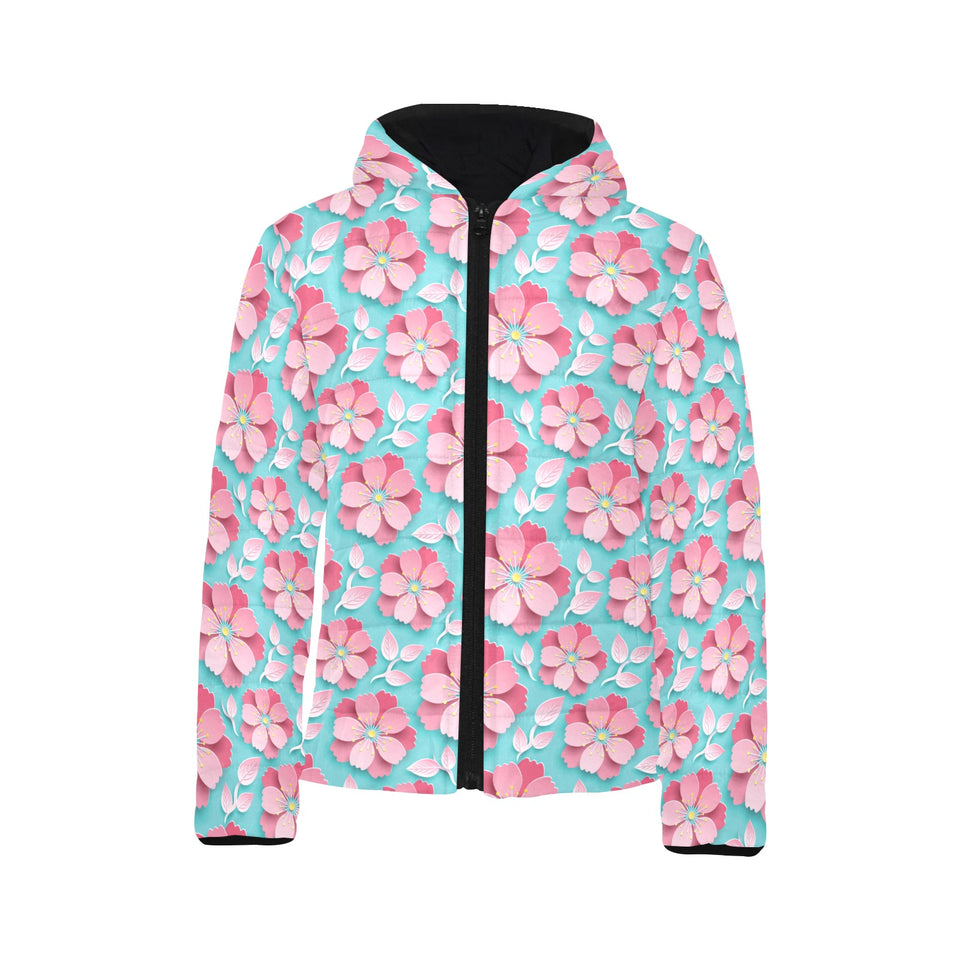 3D sakura cherry blossom pattern Kids' Boys' Girls' Padded Hooded Jacket