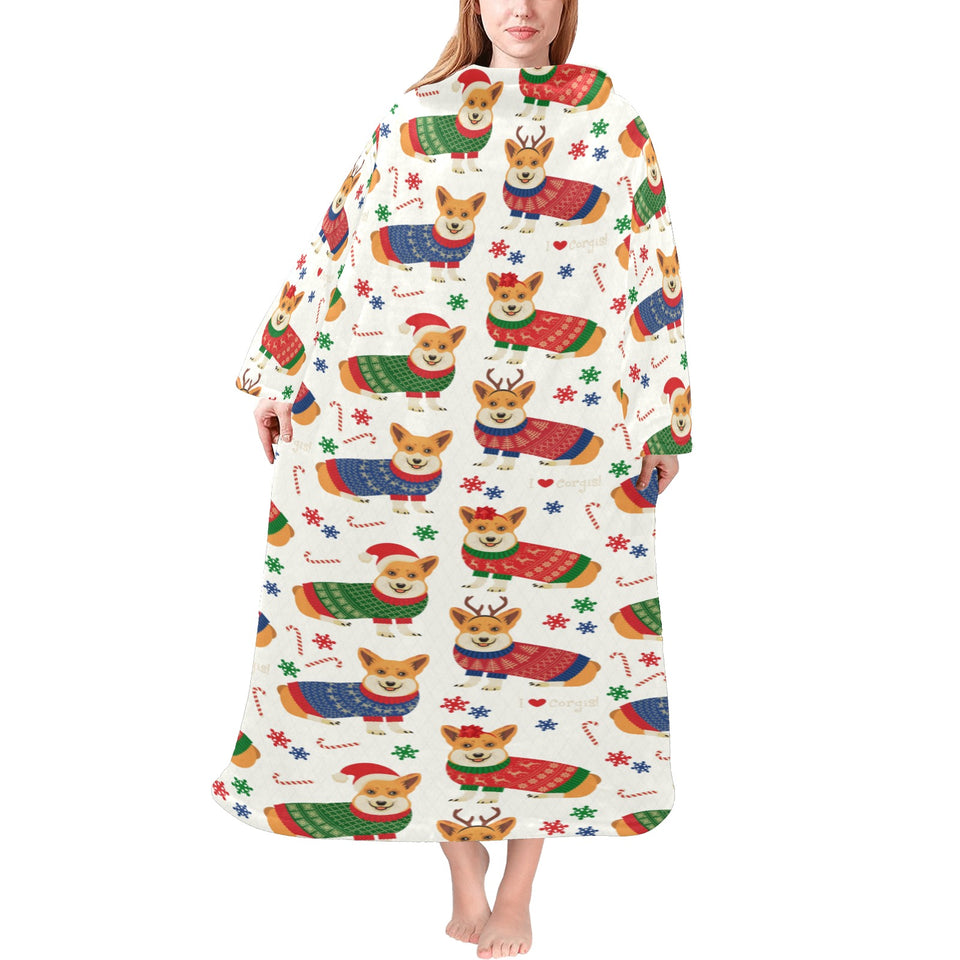Corgi Christmas Pattern Blanket Robe with Sleeves