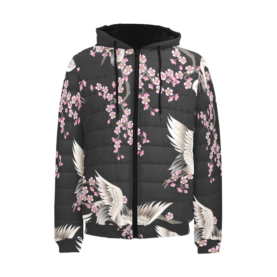 Japanese crane pink sakura pattern Men's Padded Hooded Jacket