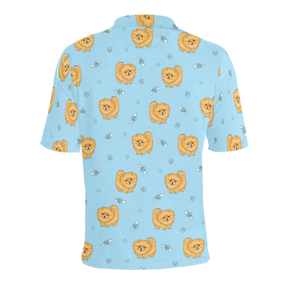Brown cute pomeranian blue blackground Men's All Over Print Polo Shirt