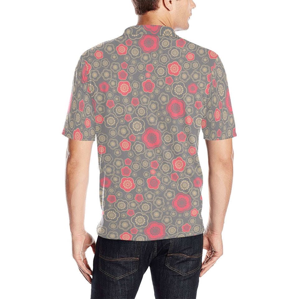 Red gold Sakura cherry blossom gray background Men's All Over Print Polo Shirt