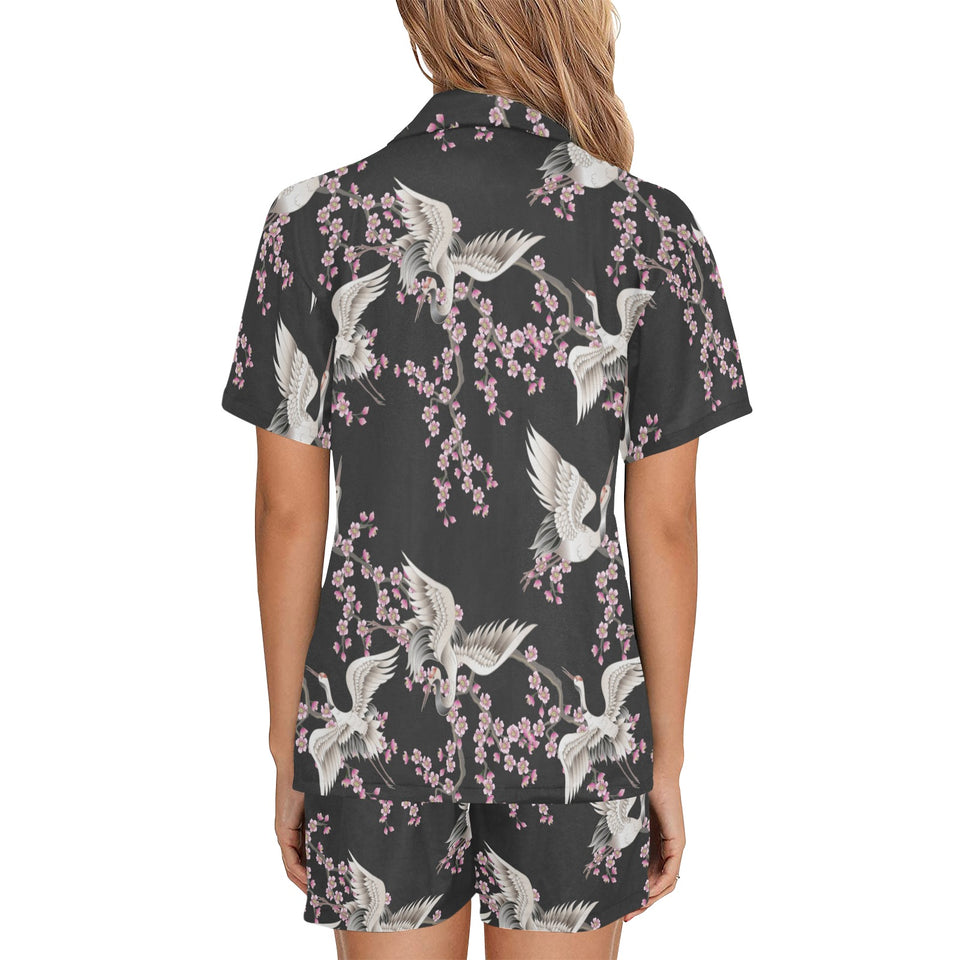 Japanese crane pink sakura pattern Women's V-Neck Short Pajama Set