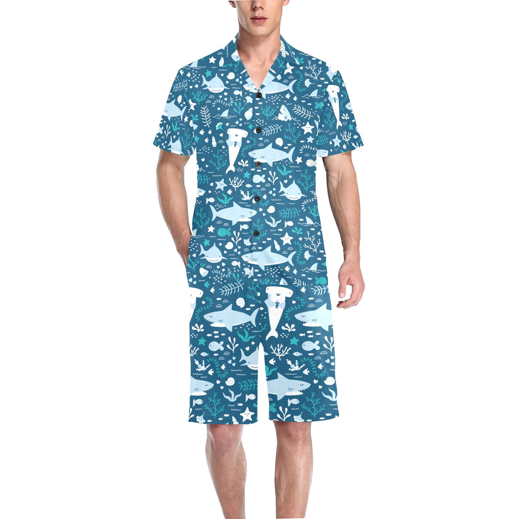 Cute shark pattern Men's V-Neck Short Pajama Set