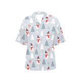 Snowman christmas  tree snow gray background Women's All Over Print Hawaiian Shirt